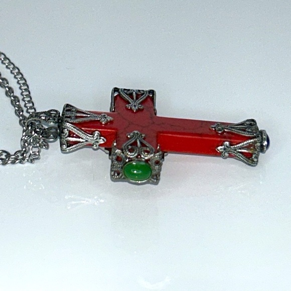 Sweet Romance Designer Gemstone Cross Double Chain Stainless Steel Necklace Boho - Picture 8 of 10